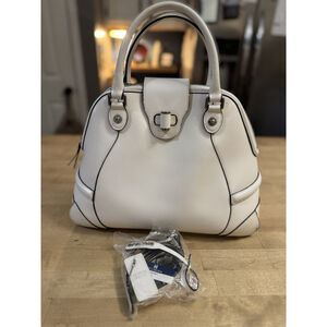 Cromia White Leather Satchel Purse Silver Hardware Black Trim ITALY EUC